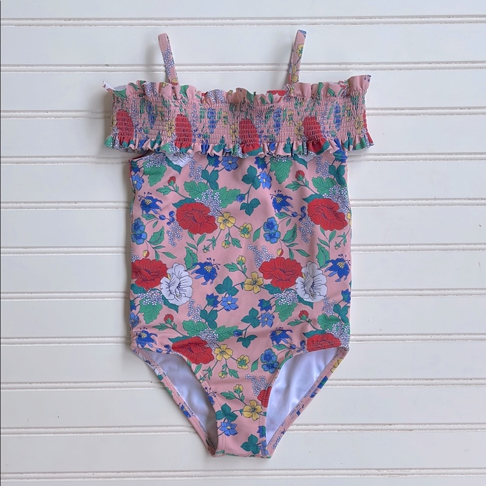 JANIE & JACK EUC Smocked Off Shoulder Floral Print One Piece Swim Suit